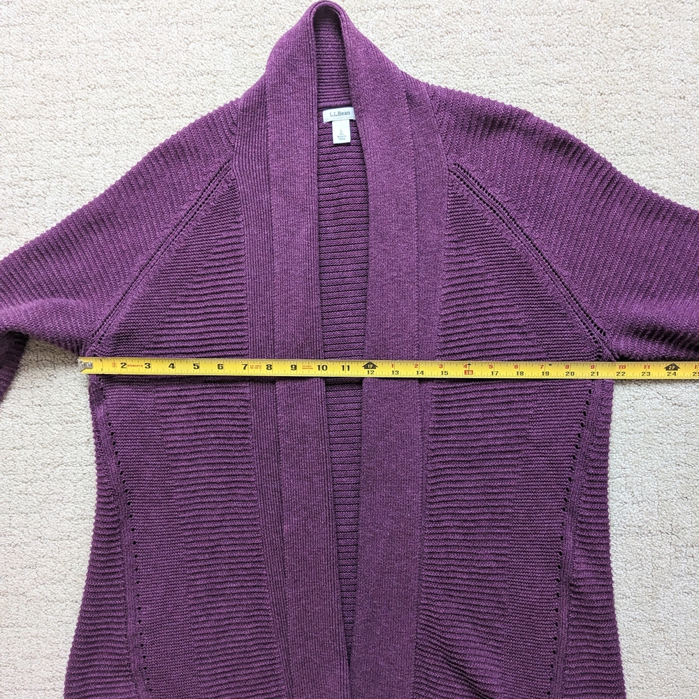LL Bean Shawl Collar Cardigan Sweater Woman L Purple Ribbed Knit Open Front Long - Picture 4 of 5